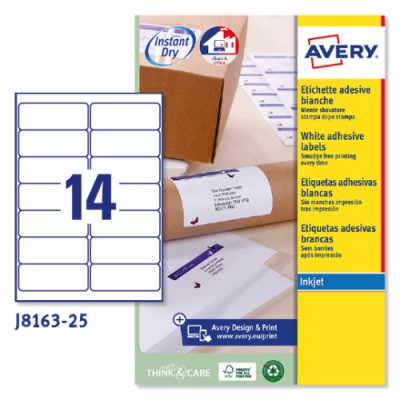 PAQUETE 25 HOJAS ETIQUETAS BLANCAS QUICK DRY IMPRESORAS DE INYECCIoN DE TINTA 991X381 MM AVERY J8163 25