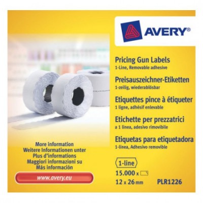 PACK 10 ROLLOS DE ETIQUETAS BLANCAS DESPEGABLES DE 1 LiNEA 1500 ETIQUETAS 12X26MM POR ROLLO AVERY PLR1226