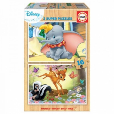 PUZZLE MADERA DISNEY ANIMALS DUMBOBAMBI 2X16 PIEZAS EDUCA BORRAS 18079