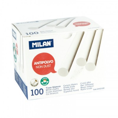 CAJA 100 TIZAS DE CARBONATO DE CALCIO BLANCAS REDONDAS ANTIPOLVO MILAN 2442100