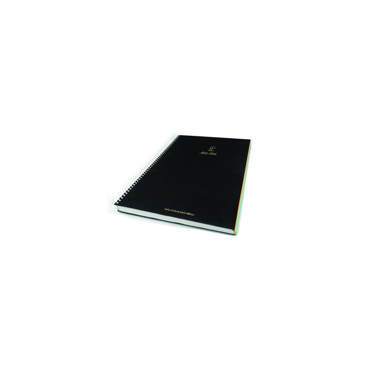 CUADERNO FIRST CLASS A5 TAPA NEGRA FORRADA MICROPERFORADO 120H 100GR TALADROS 5X5 BANDA 5 COLORES PACSA 16036