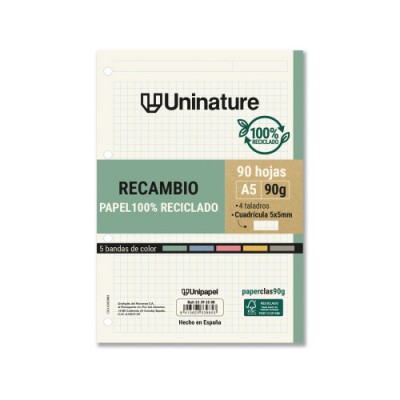 RECAMBIO RECICLADO A5 90 HOJAS 90GR CUADRICULA 5X5 MM CON TALADROS 5 BANDAS COLOR UNINATURE 53393500