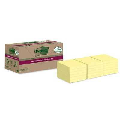 PACK 144 BLOCS 90 HOJAS NOTAS RECICLADAS ADHESIVAS 76X76MM SUPER STICKY AMARILLO PASTEL 654 RSSCY144 POST IT 7100284878