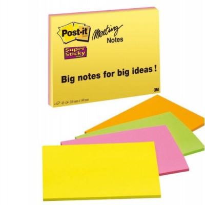 PACK 4 BLOCS 45 HOJAS NOTAS GRANDES ADHESIVAS 101X152MM SUPER STICKY COLORES SURTIDOS NEoN 6845 SSP POST IT 7100234637